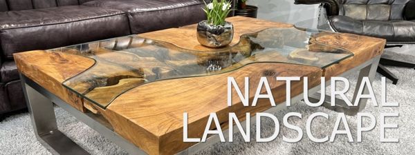 Wohnzimmertisch Natural Landscape aus Holz mit Glaseinlage und Baumkante