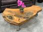 Preview: Edler Couchtisch aus einer Teak Baumscheibe "Lakeside" ca. B122 x L42-84 x H36,5 cm mit Glaseinlage und Edelstahlgestell