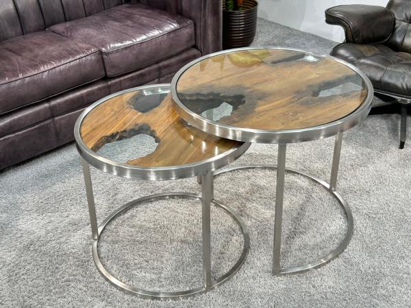 Ausziehbarer Couchtisch O-Twist aus Edelstahl mit Holz und Glas