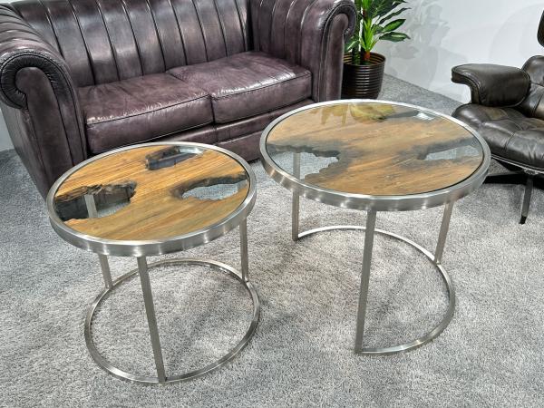 Ausziehbarer Couchtisch O-Twist aus Edelstahl mit Holz und Glas