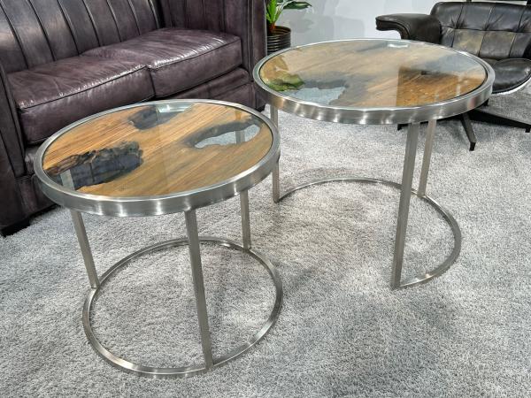 Ausziehbarer Couchtisch O-Twist aus Edelstahl mit Holz und Glas