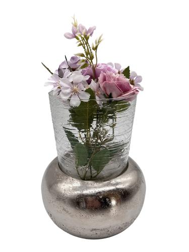 Kleine Blumenvase aus Nickel mit Glas