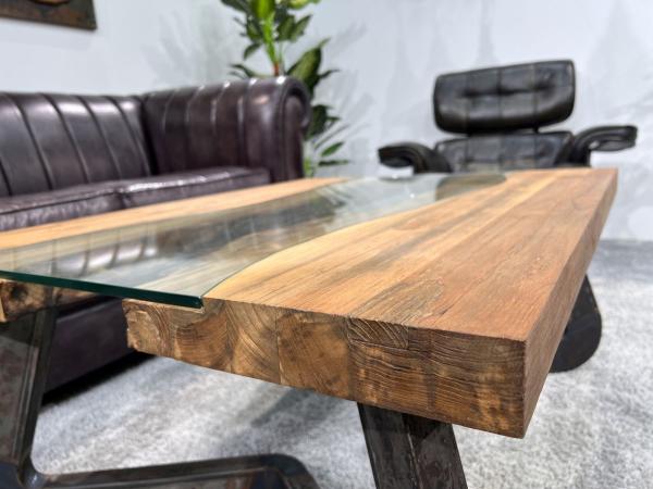 Designer Couchtisch "Elements Freestyle" (ca.100 x 80 x 45 cm) aus recyceltem Teakholz mit Glas