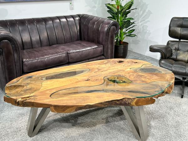 Couchtisch oval "Lakeside" 156 x 95 x 47 cm, aus verleimten Baumscheiben (Teak)