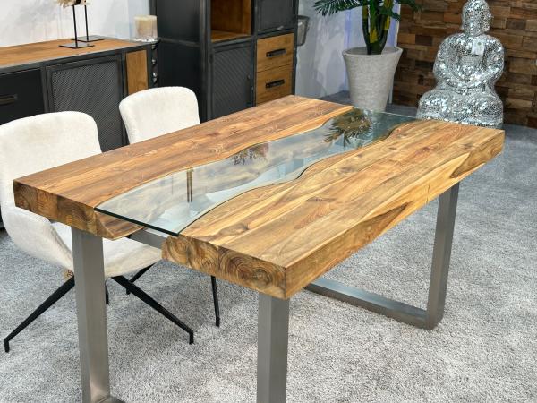 Esstisch mit Glaseinlage Old Elements aus recyceltem Teakholz