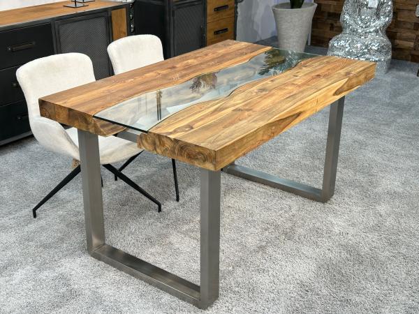 Esstisch mit Glaseinlage Old Elements aus recyceltem Teakholz