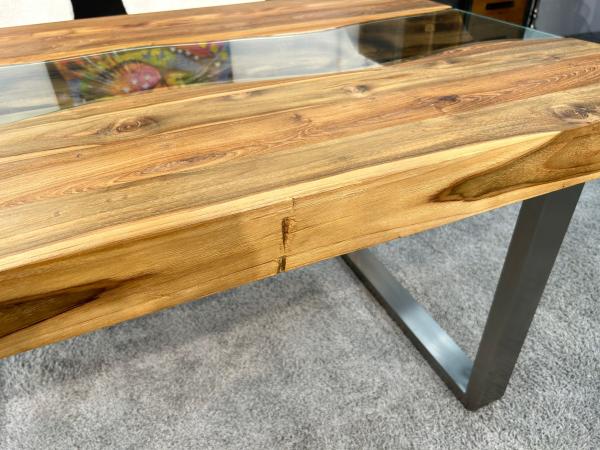 Esstisch mit Glaseinlage Old Elements aus recyceltem Teakholz