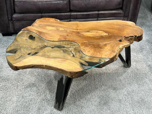 Couchtisch "Lakeside" ca. 120 x 70 x 47 cm aus Teakholz mit Glaseinlage und Rohstahlgestell