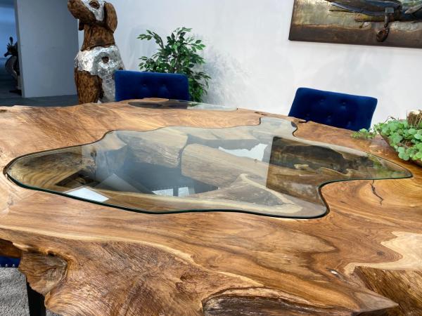 Designtisch aus Teakholz ( ca.190 x 157 x 80 x 9 cm) "Eternia Root" mit Edelstahlgestell und eingefrästem Glas