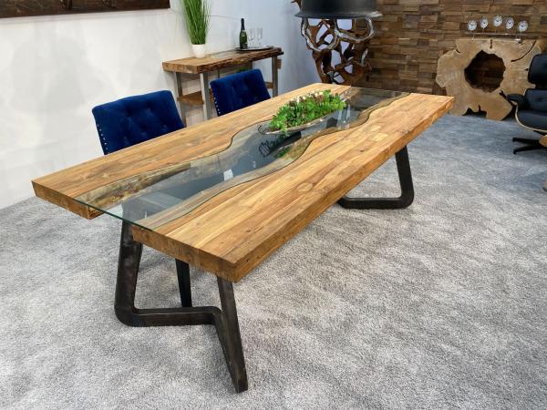 Esstisch "Elements Teak Freestyle Vintage" (ca. 220 x 100 x 78  cm) mit Glas und Rohstahlgestell