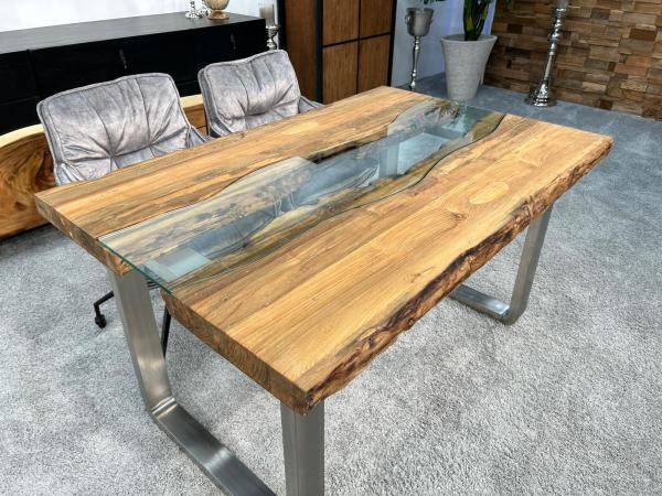 Esstisch mit Glaseinlage Old Elements aus recyceltem Teakholz