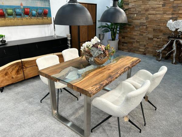 Esstisch mit Glaseinlage Old Elements aus recyceltem Teakholz