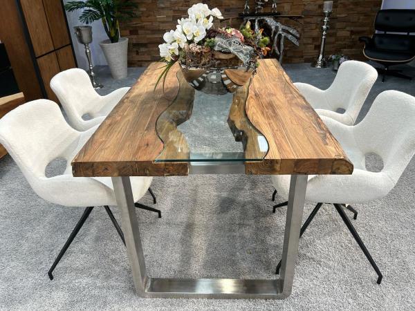 Esstisch mit Glaseinlage Old Elements aus recyceltem Teakholz