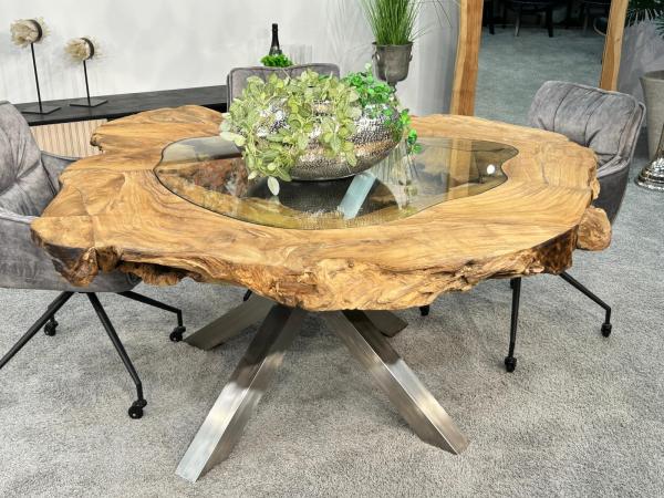 Extravaganter runder Esstisch aus Holz mit Edelstahl und Glas