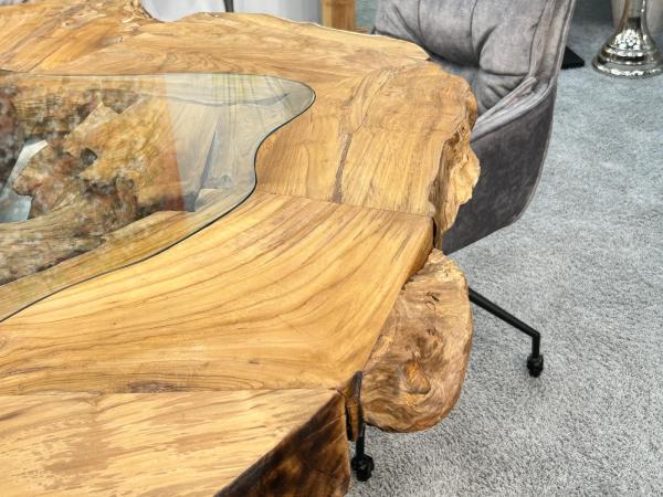 Extravaganter runder Esstisch aus Holz mit Edelstahl und Glas