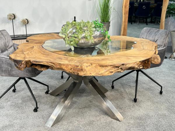 Extravaganter runder Esstisch aus Holz mit Edelstahl und Glas