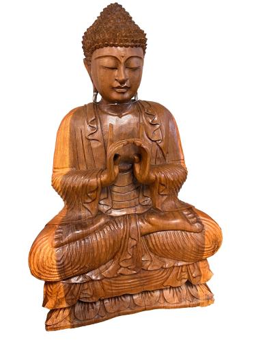 Handgeschnitzte Deko-Skulptur Buddha im Schneidersitz aus Massivholz