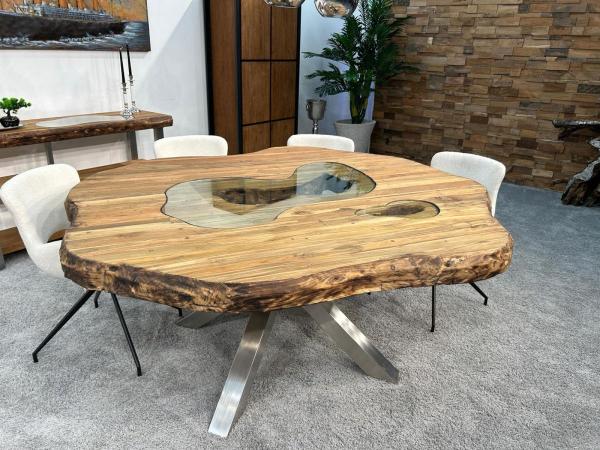 Runder Esstisch "Natural Eternia" (ca. 179 x 170 x 79 cm) aus recyceltem Holz mit Glaseinlagen und Edelstahlgestell