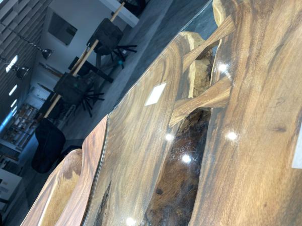 Designer Esstisch / Präsentationstisch ca. 212 x 190 x 78 cm aus einer massivem Baumscheibe Suar mit Glaseinlage und Edelstahlgestell