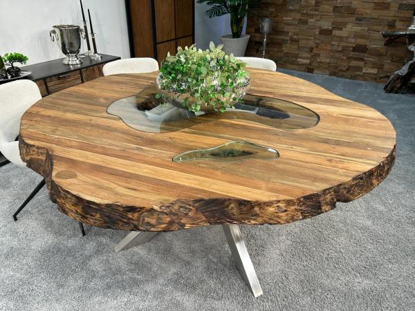 Runder Esstisch Eternia aus recyceltem Holz mit Glaseinlage