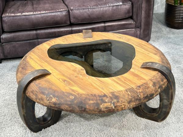 Couchtisch Coin mit Glaseinlage aus recyceltem Teakholz