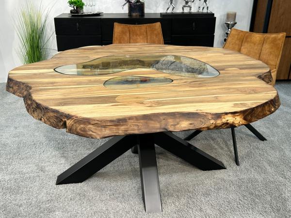 Runder Esstisch "Natural Eternia" (ca. 153 x 153 x 79 cm) aus recyceltem Holz mit Glaseinlagen und Rohstahlgestell