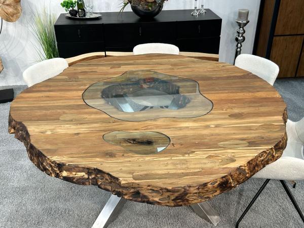 Runder Esstisch Eternia aus recyceltem Holz mit Glaseinlage