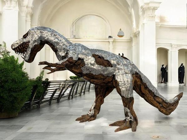 Raumskulptur Dinosaurier aus Holz Eingangsbereich Lobby Messestand