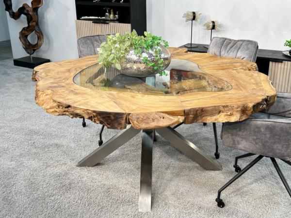 Extravaganter runder Esstisch aus Holz mit Edelstahl und Glas