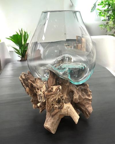 Glasvase auf Wurzelholz geschmolzenes Glas Holzsockel 40 cm XXL