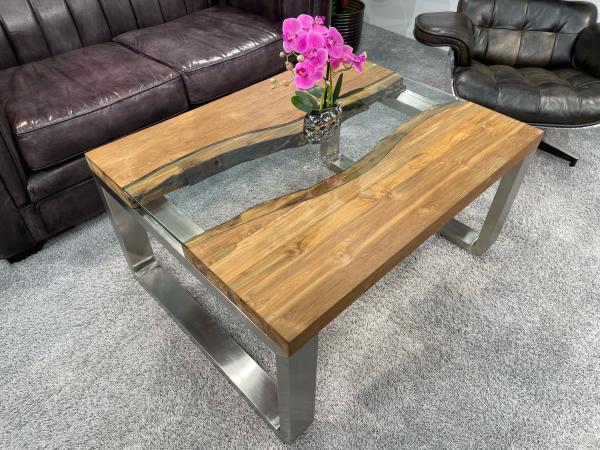 Moderner Couchtisch mit Holz und Edelstahl 100 cm