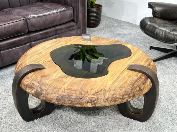 Couchtisch Coin mit Glaseinlage aus recyceltem Teakholz