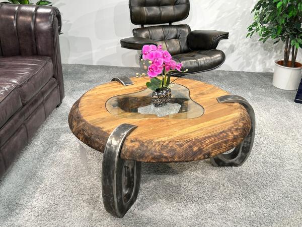 Runder Wohnzimmertisch aus Holz mit Rohstahl Couchtisch Sofatisch