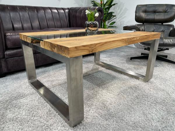 Rustikaler Couchtisch Holz Stahl Glas modern 100cm