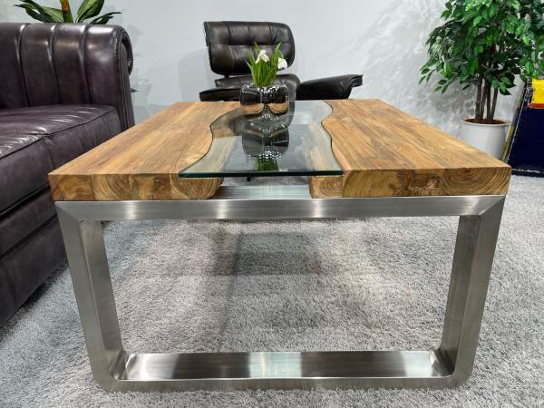 Rustikaler Couchtisch Holz Stahl Glas modern 100cm