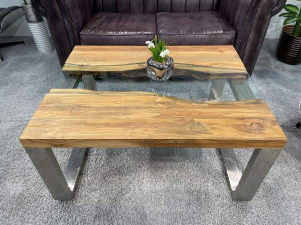 Rustikaler Couchtisch Holz Stahl Glas modern 100cm