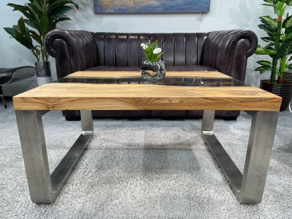 Rustikaler Couchtisch Holz Stahl Glas modern 100cm