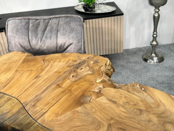 Extravaganter runder Esstisch aus Holz mit Edelstahl und Glas