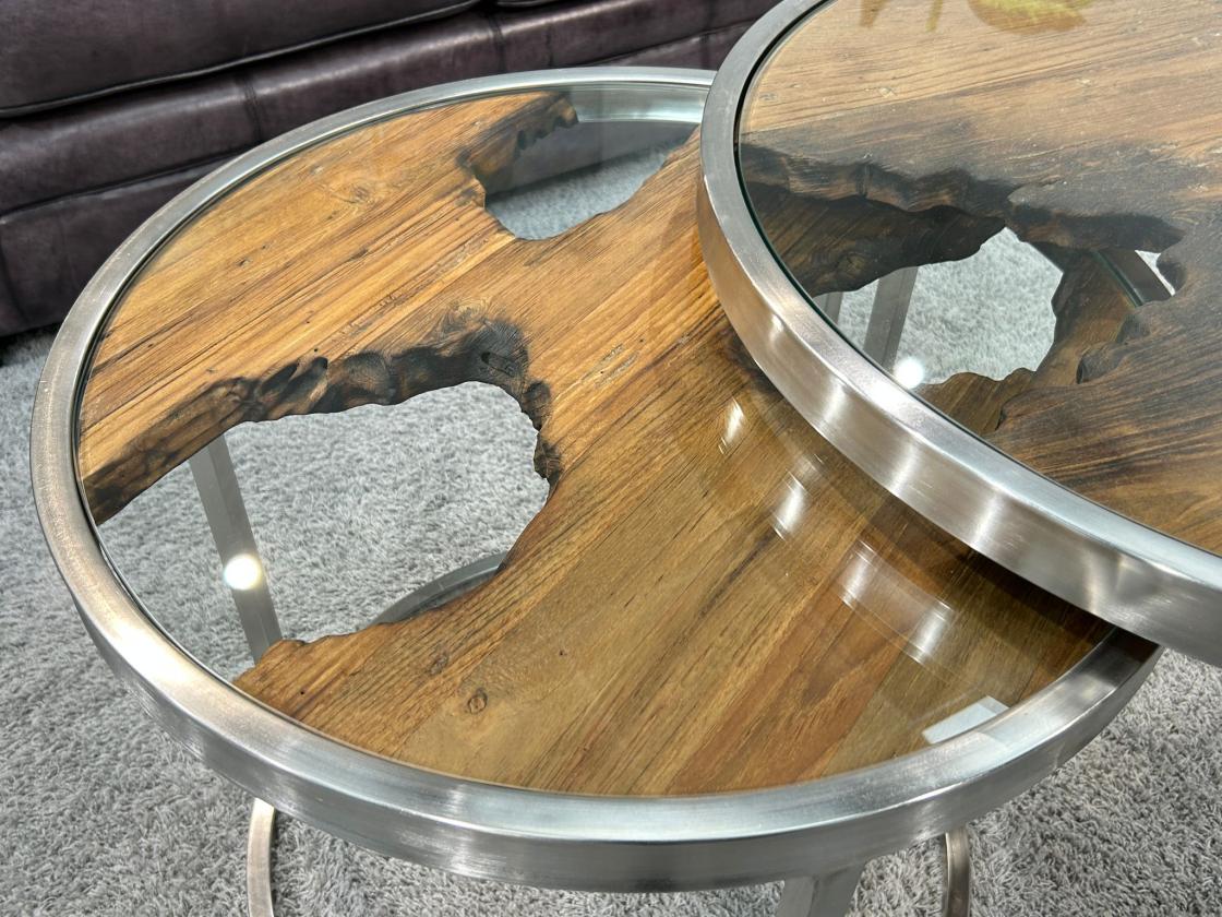 Ausziehbarer Couchtisch O-Twist aus Edelstahl mit Holz und Glas