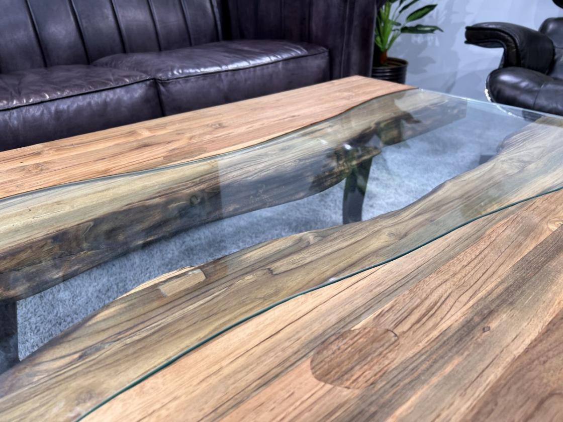 Designer Couchtisch "Elements Freestyle" (ca.100 x 80 x 45 cm) aus recyceltem Teakholz mit Glas