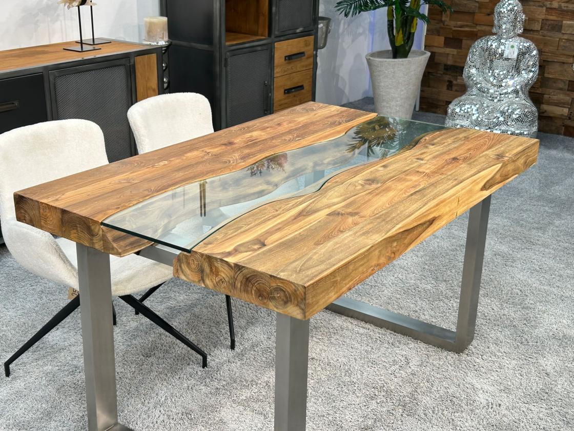 Esstisch mit Glaseinlage Old Elements aus recyceltem Teakholz