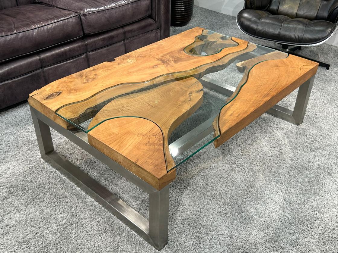 Couchtisch "Natural Landscape" ca. 120 x 80 x 38 cm aus Teakholz mit Glas und Edelstahl