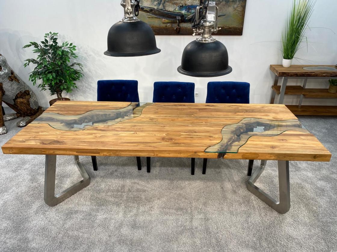 Esstisch "Landscape Freestyle" ca. 250 x 100 x 77 cm aus recyceltem Teakholz mit Edelstahlgestell und Glas