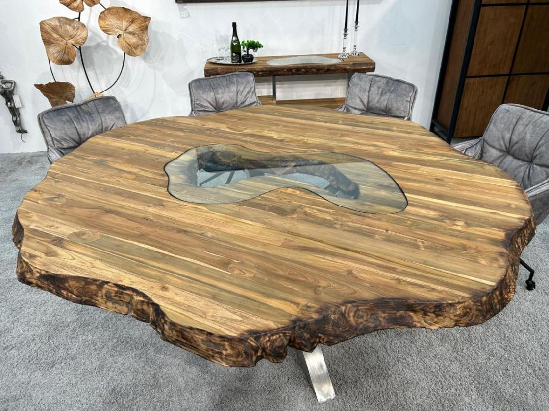 Runder Esstisch "Natural Eternia" (ca. 205 x 193 x 78 cm) aus recyceltem Holz mit Glaseinlagen und Edelstahlgestell