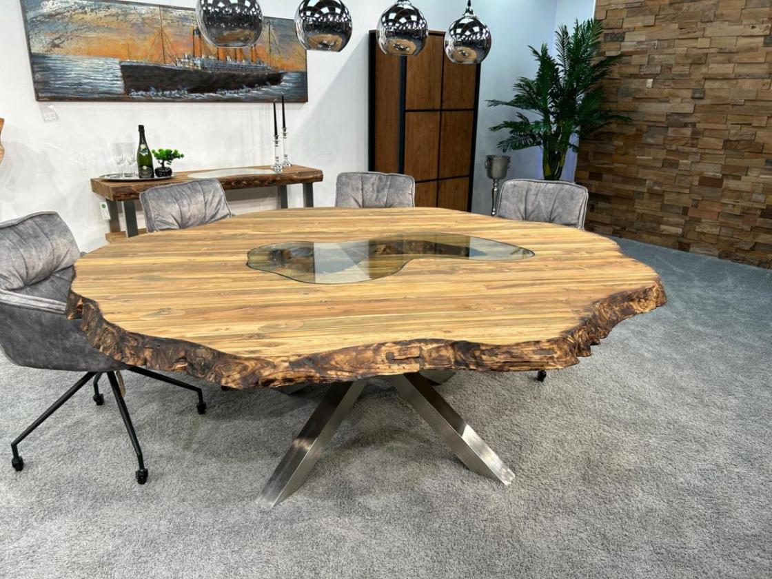 Runder Esstisch "Natural Eternia" (ca. 205 x 193 x 78 cm) aus recyceltem Holz mit Glaseinlagen und Edelstahlgestell