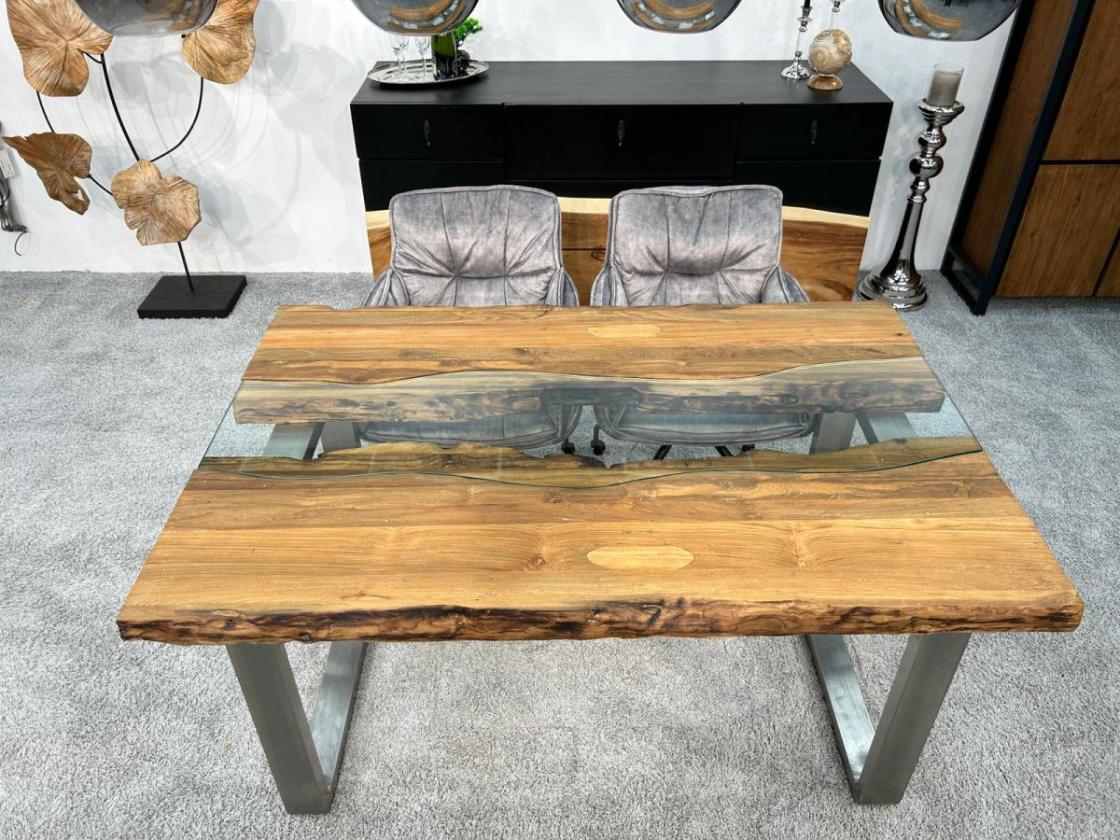 Esstisch mit Glaseinlage Old Elements aus recyceltem Teakholz