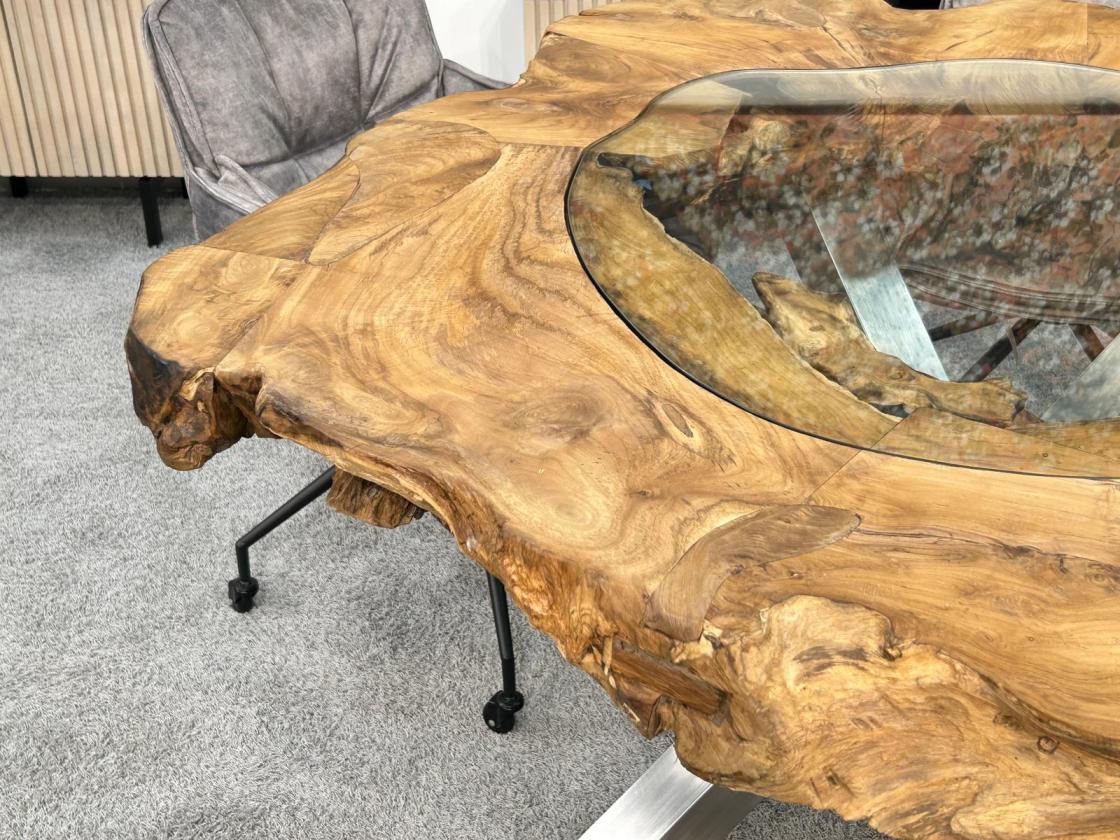 Extravaganter runder Esstisch aus Holz mit Edelstahl und Glas