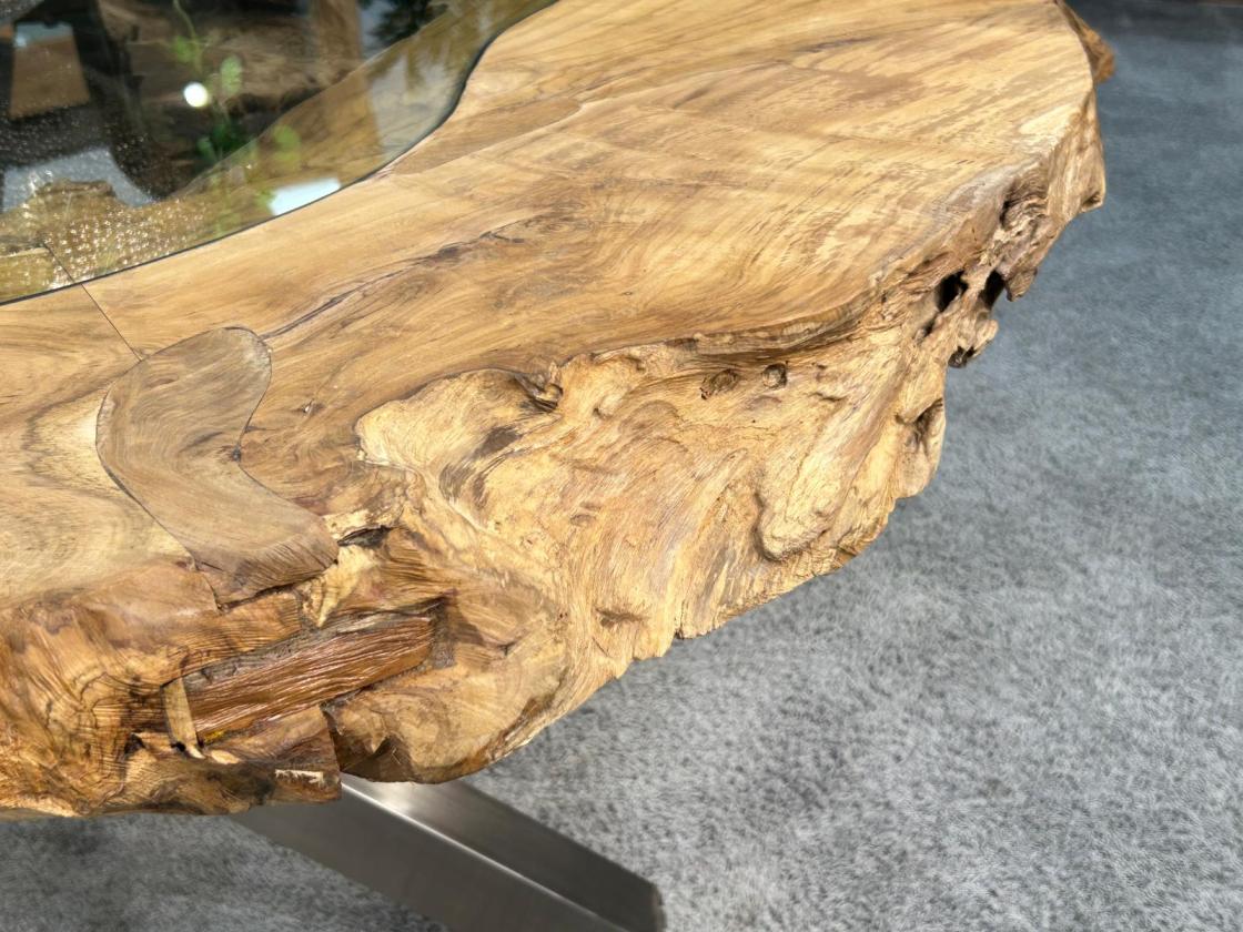 Extravaganter runder Esstisch aus Holz mit Edelstahl und Glas