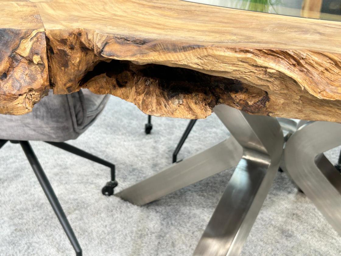 Extravaganter runder Esstisch aus Holz mit Edelstahl und Glas