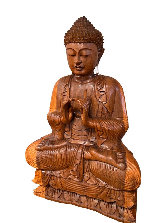 Handgeschnitzte Deko-Skulptur Buddha im Schneidersitz aus Massivholz